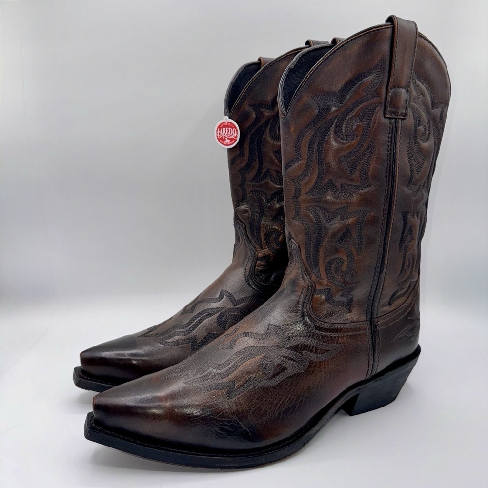 Laredo Hawk Cowboy Boots Mens Size 11 EW Wide Burnt Apple Brown Snip Toe